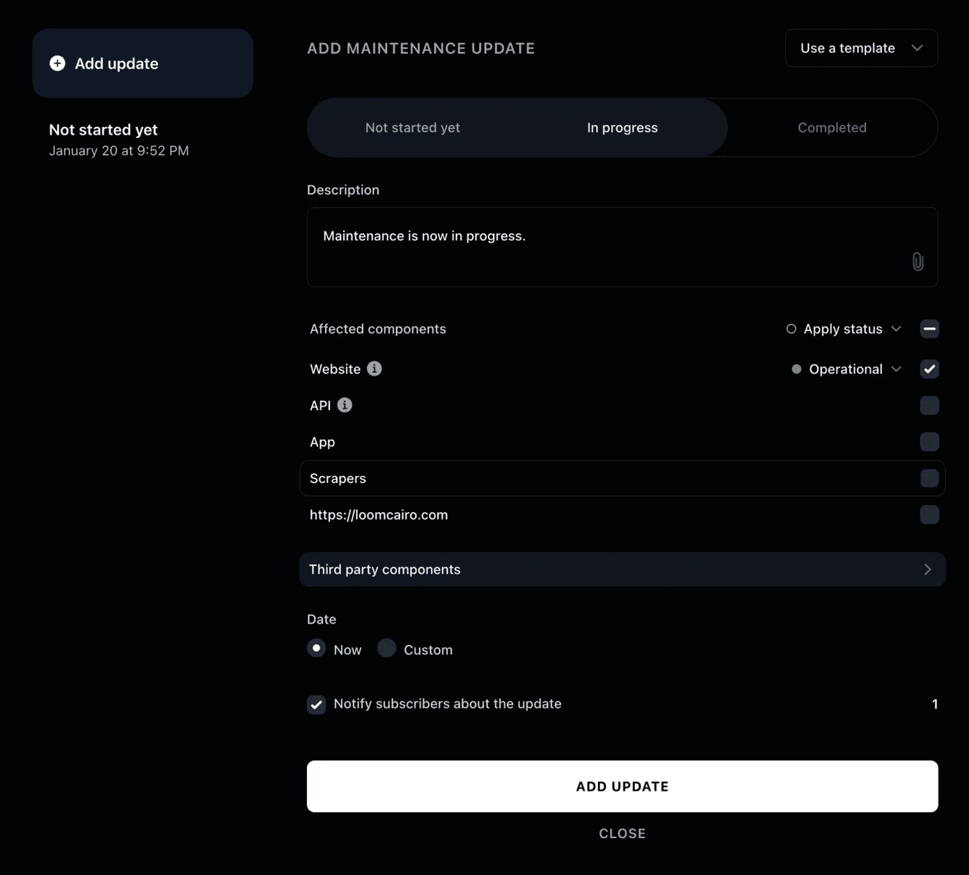 Instatus maintenance updates